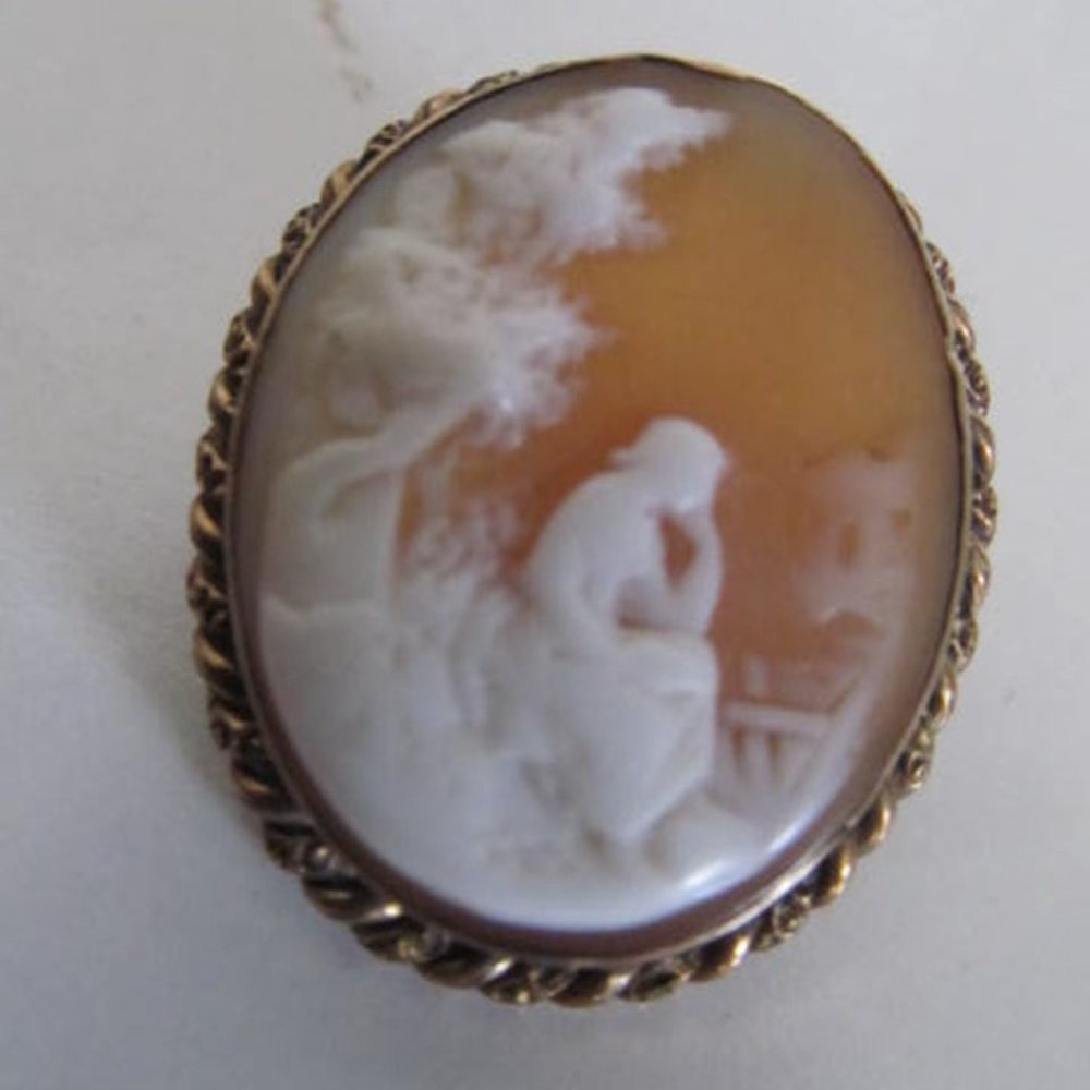 Sterling & Gold Cameo Pendant Carved Shell Cameo Brooch Silver Antique Cameo